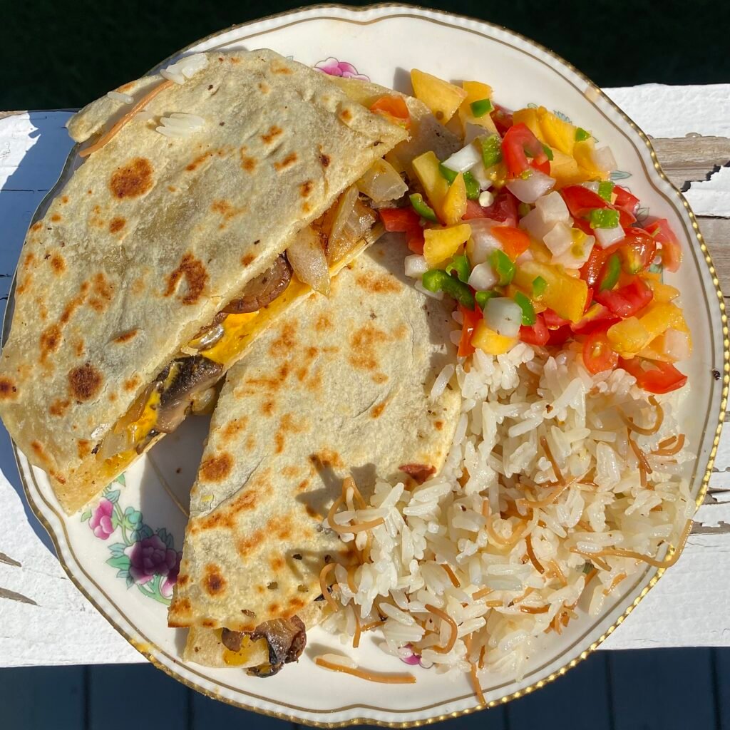 Mushroom Quesadilla with Peach Pico de Gallo