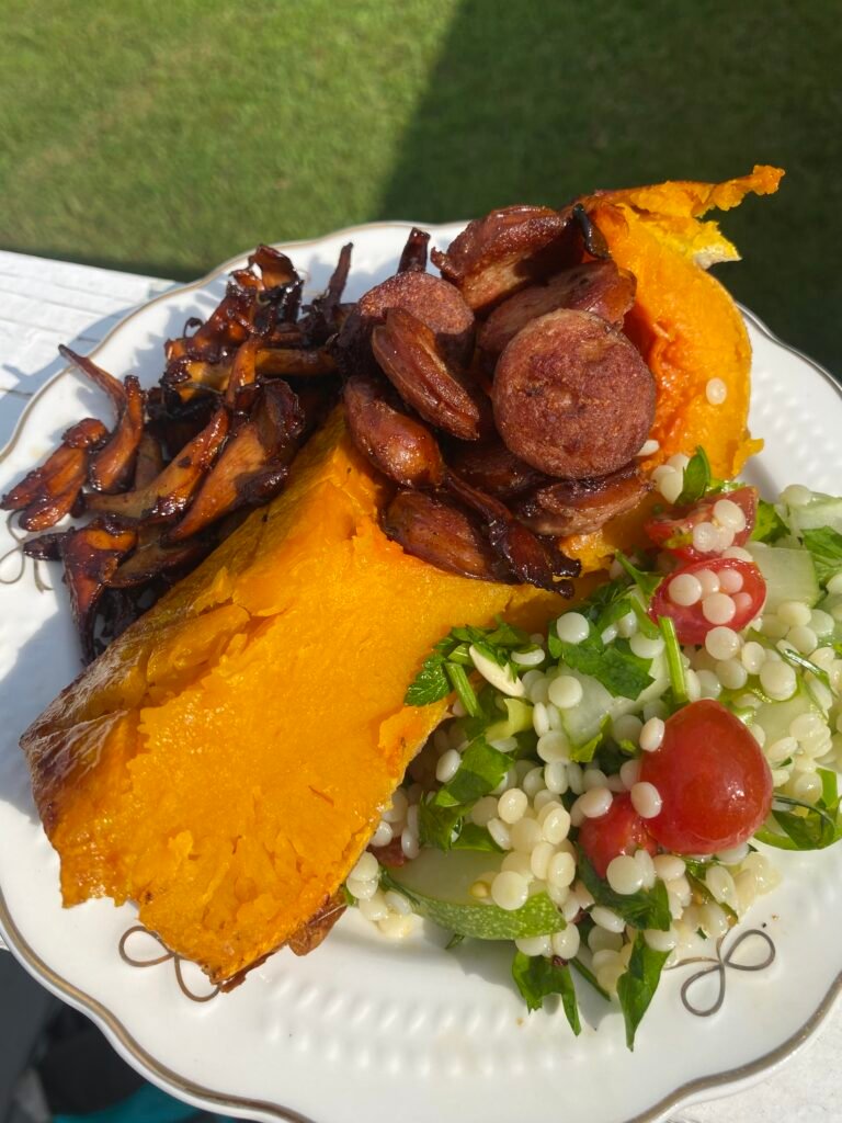 Sausage Stuffed Butternut Squash with Chanterelle Mushrooms
