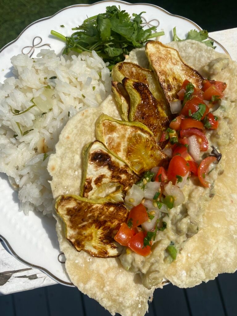 Yellow Squash Tacos with Baba Ganoush, Pico, and Cilantro Lime Rice